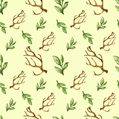 Watercolor dry tree leaves branches seamless pattern set