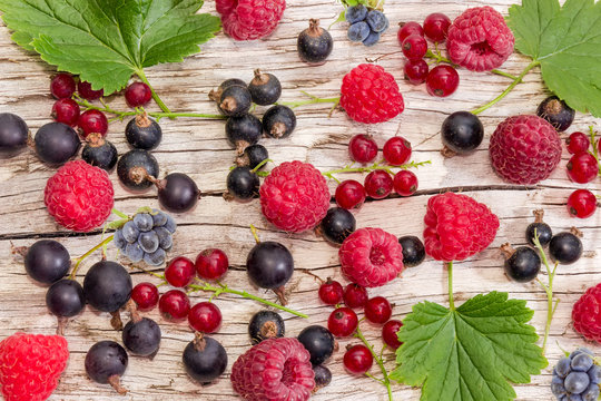 Various berries on an old wooden plank close-up