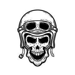 Biker skull in helmet isolated on white background. Design element for poster, card, banner, t shirt.