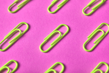 Yellow paper clips isolated on pink background, close up, copy space. Top view, flat lay. Back to school, college, education concept