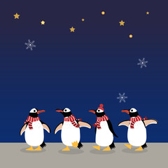Cute penguin in winter costume Christmas night background. Animal wildlife cartoon character.
