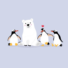 Cute polar bear and penguins cartoon vector. Animal wildlife character.
