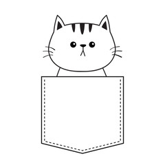 Cute cat in the pocket. Doodle contour linear sketch. Cartoon animals. Kitten kitty character. Dash line. Pet animal. White and black color. T-shirt design. Baby background. Flat