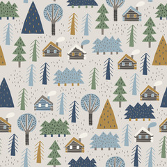 Scandinavian forest vector pattern. Nordic nature landscape concept. Perfect for kids fabric, textile, nursery wallpaper. Hand drawn forest and houses.