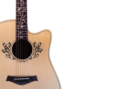 acoustic guitar, flower Inlay on Fingerboard around sound hole, with clipping path, isolated on white background