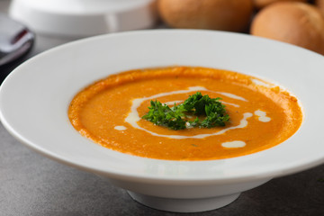 tomato soup on a bowl