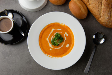 tomato soup on a bowl flat lay