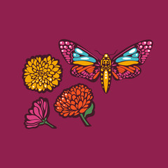 Butterflies moths and flowers marigolds. Mexican Day of the Dead. Vector illustration.