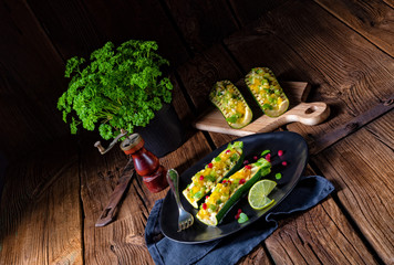 grilled zucchini stuffed with sheep's cheese and paprika.