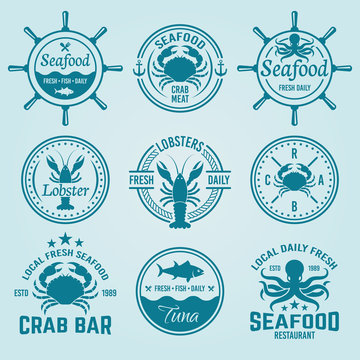 Seafood vector labels, badges, emblems and logos
