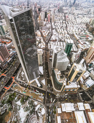 aerial view of downtown Shanghai near Jing An Temple and Nanjin Road after an unusual snowfall in the morning