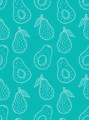 Seamless pattern of sweet juicy avocado. Summer exotic food. Beautiful hand drawn illustration of fruits and vegetables