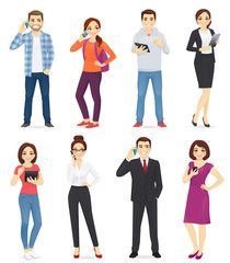People with gadgets set isolated vector illustration