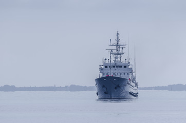 WARSHIP - The Polish hydrographic ship maneuvers at sea