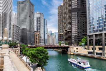 Chicago skyline panorama with skyscrapers and Chicago river at summer sunny day, Chicago, Illinois, USA.