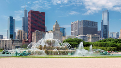 Chicago skyline panorama with skyscrapers and Buckingham fountain at summer sunny day, Chicago,...