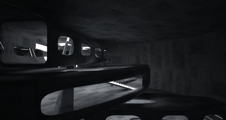 Naklejka premium Empty dark abstract concrete room smooth interior. Architectural background. Night view of the illuminated. 3D illustration and rendering