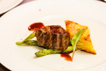 Grilled meat steak and fresh vegetables salad
