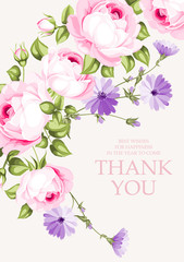 Invitation text card with Thank You sign. Blooming rose garland at the left side of invitation card isolated over white background. Vector illustration.