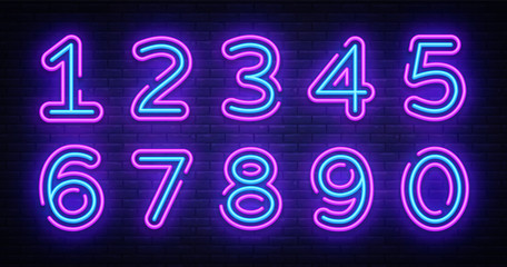 Number symbols collection neon sign vector. Design element number template neon icon, light banner, neon signboard, nightly bright advertising, light inscription. Vector illustration © Ivan