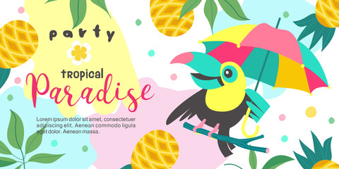 Fototapeta na wymiar Hello summer. Party tropical Paradise. Vector illustration, invitation to a party with a cute Toucan bird.