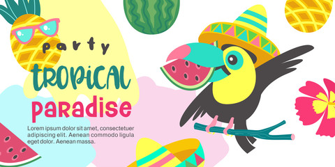 Hello summer. Party tropical Paradise. Vector illustration, invitation to a party with a cute Toucan bird.