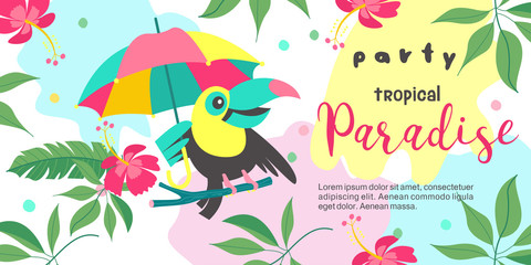 Fototapeta na wymiar Hello summer. Party tropical Paradise. Vector illustration, invitation to a party with a cute Toucan bird.