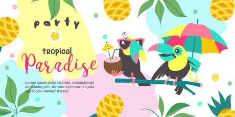 Hello summer. Party tropical Paradise. Vector illustration, invitation to a party with a cute Toucan bird. © katedemian