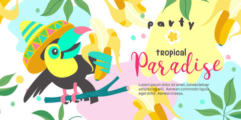 Hello summer. Party tropical Paradise. Vector illustration, invitation to a party with a cute Toucan bird. © katedemian