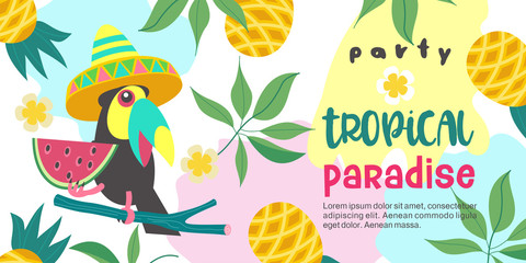 Hello summer. Party tropical Paradise. Vector illustration, invitation to a party with a cute Toucan bird. © katedemian