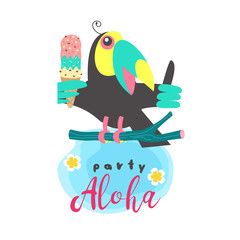 Obraz na płótnie Canvas Hello summer. Party tropical Paradise. Vector illustration, invitation to a party with a cute Toucan bird.