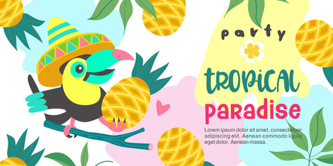 Hello summer. Party tropical Paradise. Vector illustration, invitation to a party with a cute Toucan bird. © katedemian