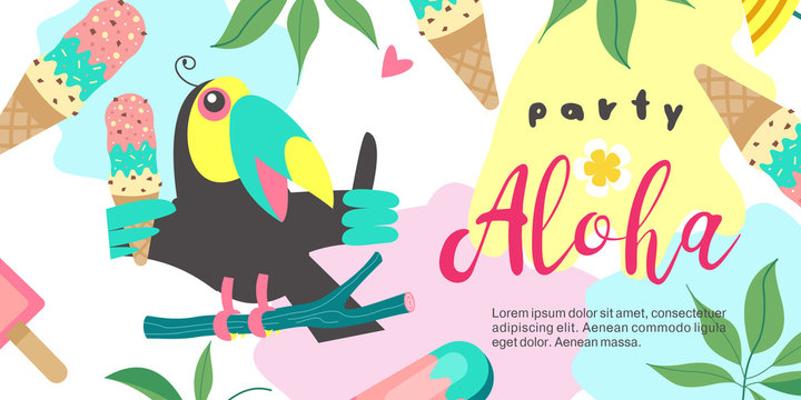 Hello summer. Party tropical Paradise. Vector illustration, invitation to a party with a cute Toucan bird.