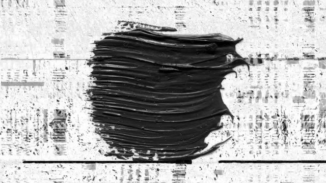 4k video. Glitch effect with noise and drops. Black acrylic paint stroke texture on white paper. Hand made grunge. Background for desigh, art and horror effect
