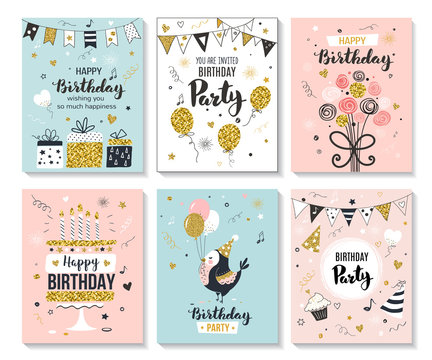 Happy birthday greeting card and party invitation templates, vector illustration, hand drawn style.