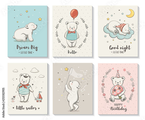 Cute Cards With Little Bear Vector Characters Set Posters For Baby