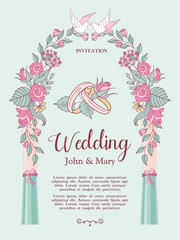 Wedding invitation. Beautiful wedding card with flower pergola. Vector illustration.