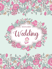 Wedding invitation. Beautiful wedding card with flower wreath. Vector illustration.