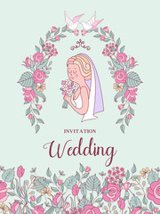 Wedding invitation. Lovely wedding card with the bride and groom. Vector illustration.
