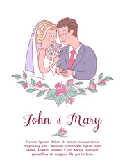 Wedding invitation. Lovely wedding card with the bride and groom. Vector illustration.