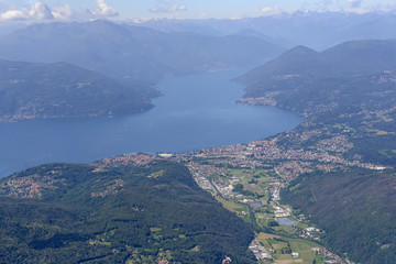aerial of Luino village on Maggiore lake, Italy