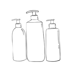 shower gel bottles with dispenser. Set cosmetics icon. Trendy cartoon style. Hygiene and health care illustration. beauty object soap, lotion or cream