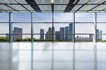 Panoramic skyline and buildings from glass window