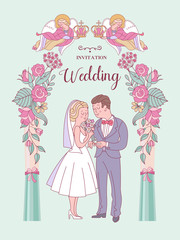 Happy weddings. Wedding ceremony. Wedding in Church. Wedding card, wedding invitation. Vector illustration.