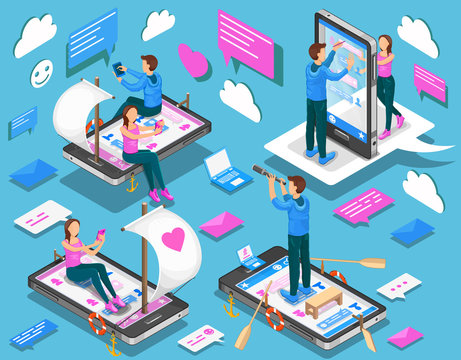 Virtual relationships and online dating isometric concept. Illustration