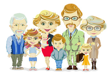 Big and happy family portrait with children, parents, grandparents illustration