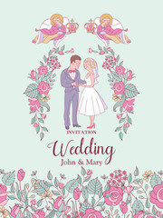 Happy weddings. Wedding ceremony. Wedding in Church. Wedding card, wedding invitation. Vector illustration.