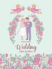 Happy weddings. Wedding ceremony. Wedding in Church. Wedding card, wedding invitation. Vector illustration.