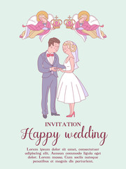 Happy weddings. Wedding ceremony. Wedding in Church. Wedding card, wedding invitation. Vector illustration.