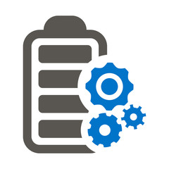 Battery with gear mechanism icon. Fast charge batteries process illustration. Li-ion cogwheel Logo.